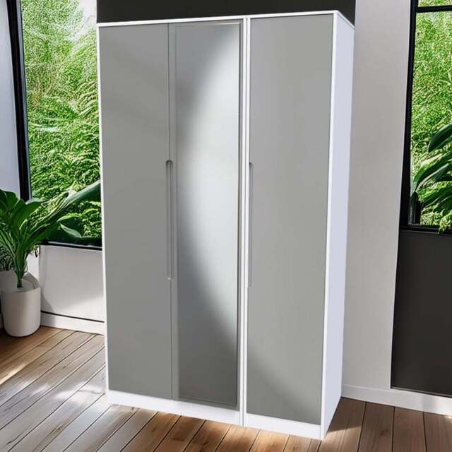 Crowndale Monaco 3 Door Grey Gloss and White Tall Mirror Wardrobe Ready Assembled - Grey Gloss & White - Wilko - image 1