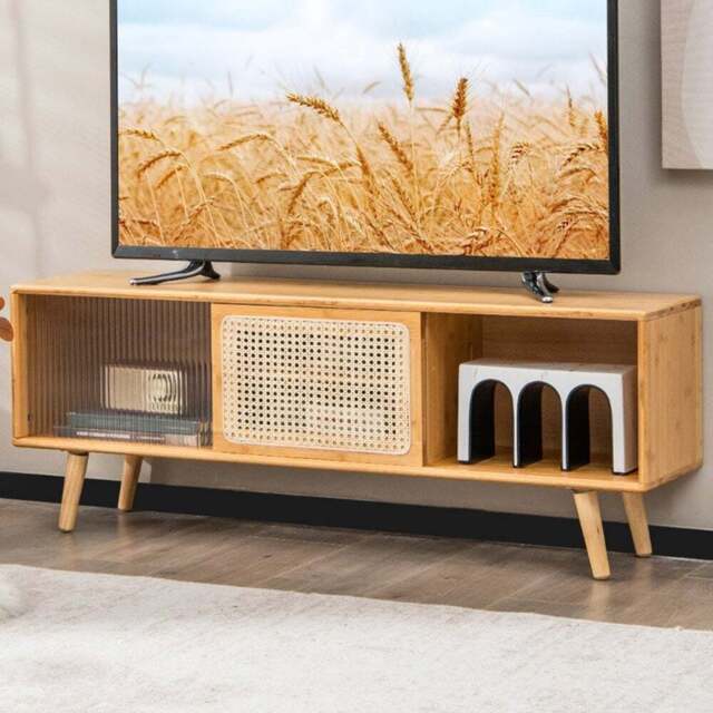 Costway 2 Door 2 Shelf Natural Bamboo TV Unit - Size: 134 x 39 x 14cm - Cream - Wilko - image 1
