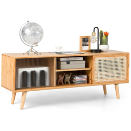 Costway 2 Door 2 Shelf Natural Bamboo TV Unit - Size: 134 x 39 x 14cm - Cream - Wilko - thumbnail 4