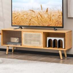 Costway 2 Door 2 Shelf Natural Bamboo TV Unit - Size: 134 x 39 x 14cm - Cream - Wilko