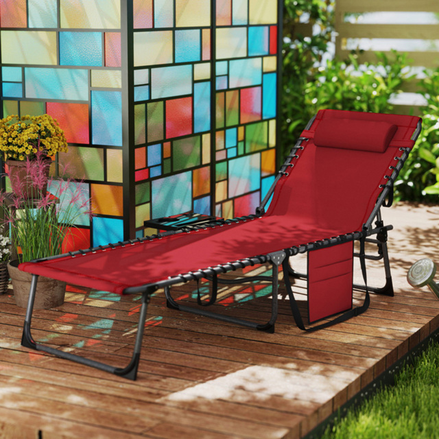 Outsunny Red 5 Level Adjustable Folding Sun Lounger with Side Table - Size: 31 x 60 x 190cm - Wilko - image 1