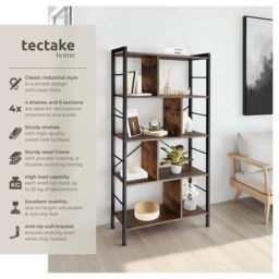 tectake Charleston 4 Shelf Industrial Dark Wood Shelving Unit - Size: 155 x 30 x 75.5cm - Brown - Wilko - thumbnail 7