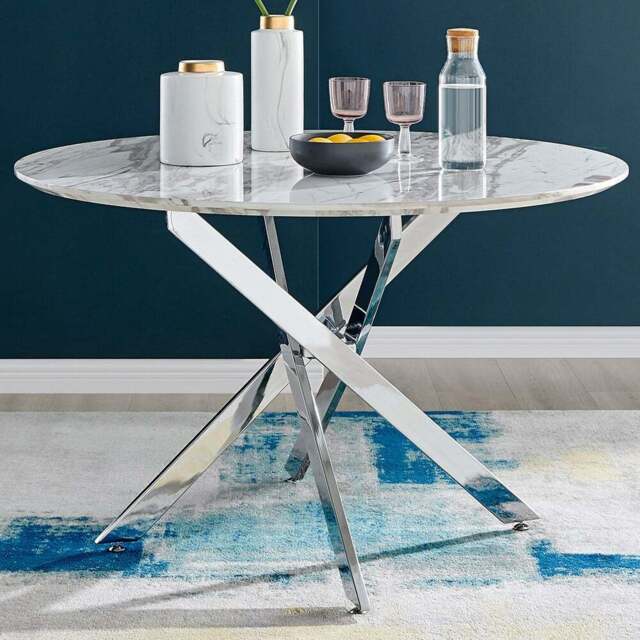 Furniturebox Arona 6 Seater Round Dining Table White Marble and Silver - Size: 4 Seater - Wilko - image 1
