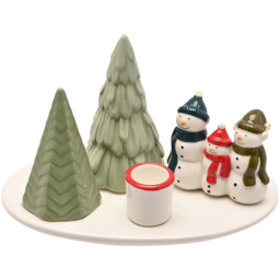 The Seasonal Gift Co. Santa and Friends Ceramic Snowman Scene Candle Holder - Size: 12 x 19 x 12cm - White - Wilko - thumbnail 1
