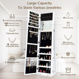 Costway 3 in 1 White Swivel Mirrored Jewellery Armoire with Display Shelves - Size: 167 x 44 x 22cm - Wilko - thumbnail 4
