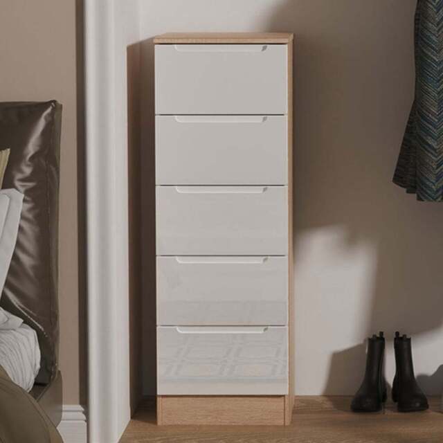 Crowndale Milan 5 Drawer White Gloss and Bardolino Oak Tall Bedside Cabinet Ready Assembled - White Gloss & Bardolino Oak - Wilko - image 1
