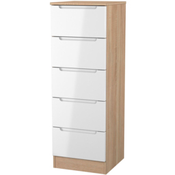 Crowndale Milan 5 Drawer White Gloss and Bardolino Oak Tall Bedside Cabinet Ready Assembled - White Gloss & Bardolino Oak - Wilko - thumbnail 3