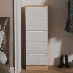 Crowndale Milan 5 Drawer White Gloss and Bardolino Oak Tall Bedside Cabinet Ready Assembled - White Gloss & Bardolino Oak - Wilko - thumbnail 1