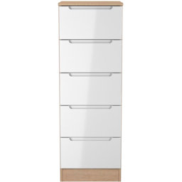 Crowndale Milan 5 Drawer White Gloss and Bardolino Oak Tall Bedside Cabinet Ready Assembled - White Gloss & Bardolino Oak - Wilko - thumbnail 4