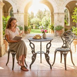 Outsunny 2 Seater Brown Rose Design Metallic Garden Bistro Set with Umbrella Hole - Size: 69 x 60 x 60cm - Bronze Tone - Wilko - thumbnail 4