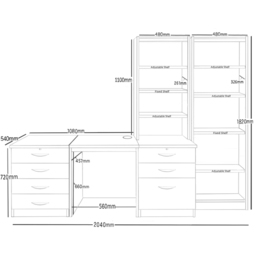 R White Cabinets SET-15-IN-ST Desk Drawer Unit and Hutch Narrow Bookcase Home Office Furniture Set - Size: 182 x 204 x 54cm - Brown - Wilko - thumbnail 5