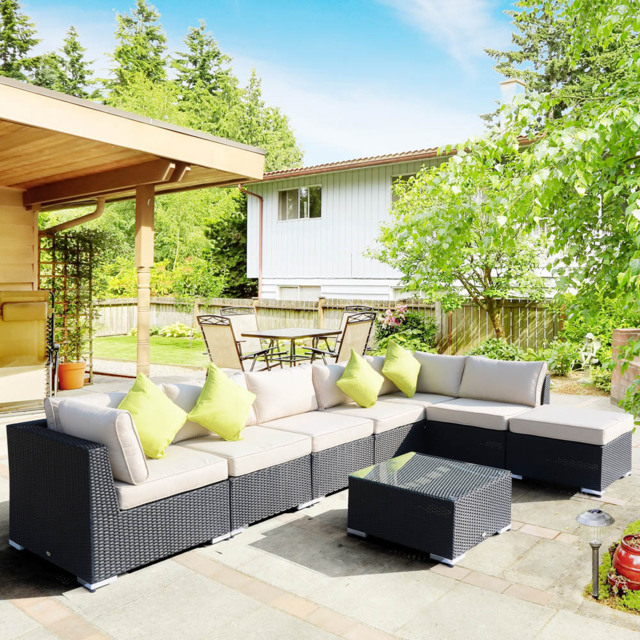 Outsunny 7 Seater Black Rattan Outdoor Corner Sofa Set with Coffee Table - Wilko - image 1