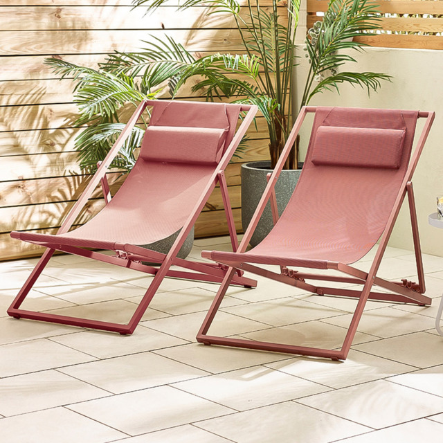Furniturebox Cannes Set of 2 Pink Metal And Textilene Deck Chair - Wilko