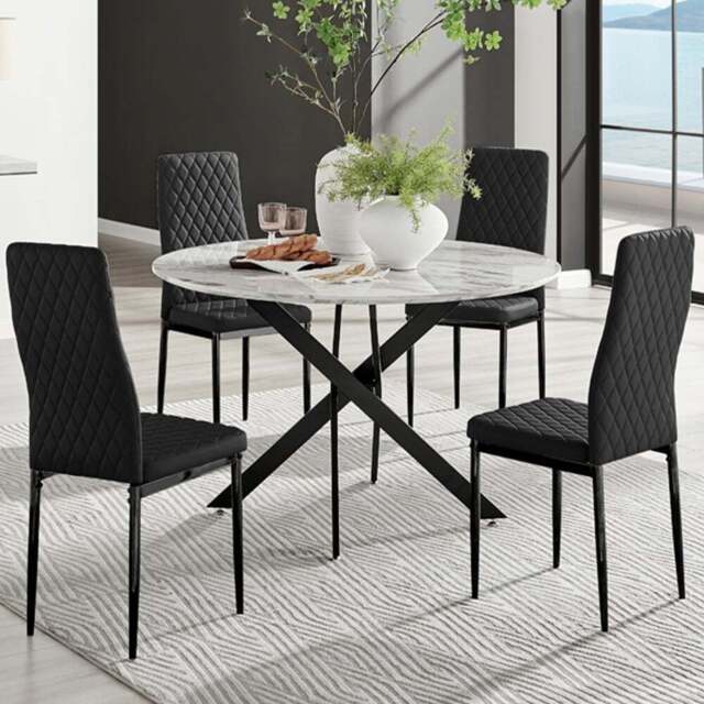 Furniturebox Arona Valera Marble Effect 4 Seater Round Dining Set White and Black - Wilko - image 1