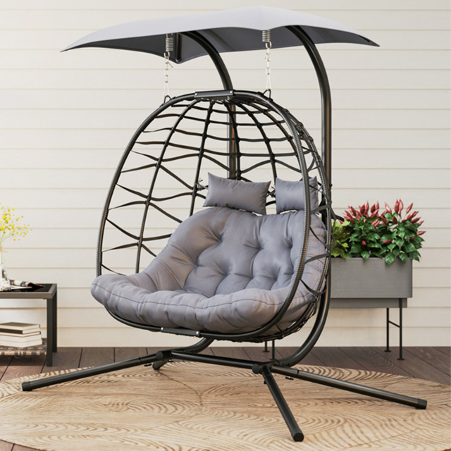 Outsunny 2 Seater Black Rattan Hanging Egg Chair with Canopy and Cushion - Size: 185 x 100 x 170cm - Wilko - image 1