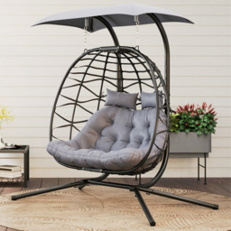 Outsunny 2 Seater Black Rattan Hanging Egg Chair with Canopy and Cushion - Size: 185 x 100 x 170cm - Wilko - thumbnail 1