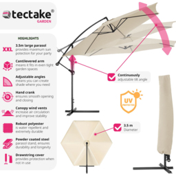 tectake Ciccio Beige Adjustable Tilt Cantilever Parasol 3.5m - Size: 4m - Cream - Wilko - thumbnail 7