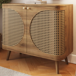 GFW Sorrel 2 Door Oak Rattan Compact Sideboard - Size: 73.5 x 90 x 39cm - Wilko
