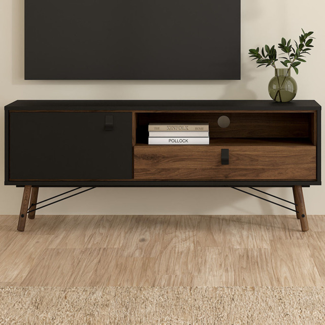 Florence Ry Single Door Single Drawer Single Shelf Matt Black and Walnut TV Unit - Furniture To Go - Wilko - image 1
