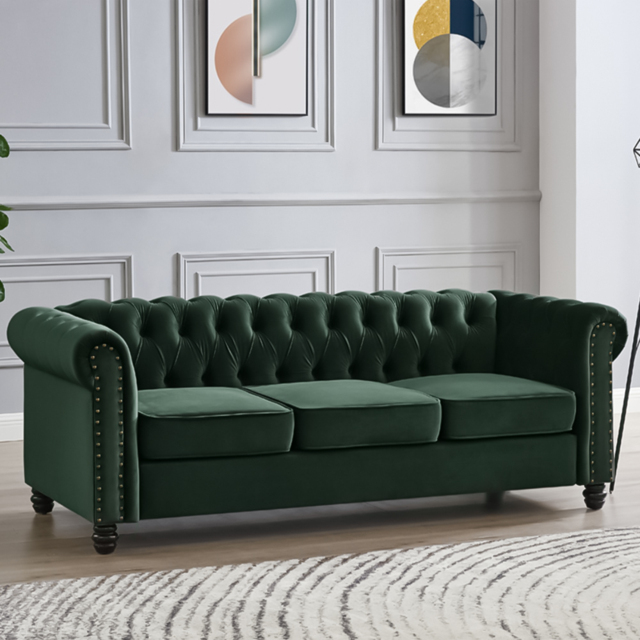Home Detail Chesterfield 3 Seater Studded Green Velvet Sofa - Wilko - image 1