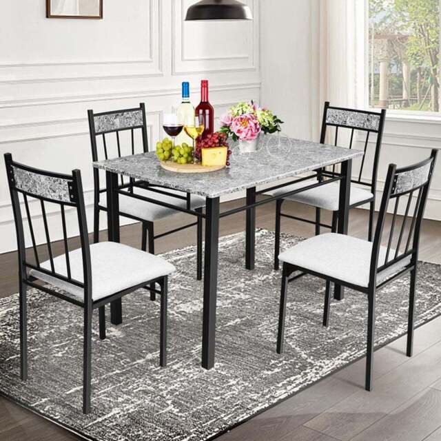Costway 4 Seater Marble Dining Set Grey with Sponge Cushion - Wilko - image 1
