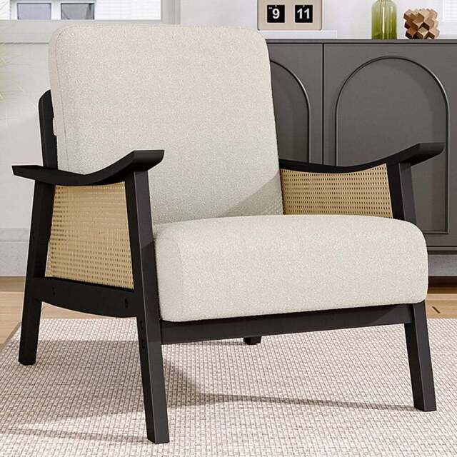Living and Home White Teddy Near Fur Cushion Mid Century Rattan Armchair - Size: Single - Wilko - image 1