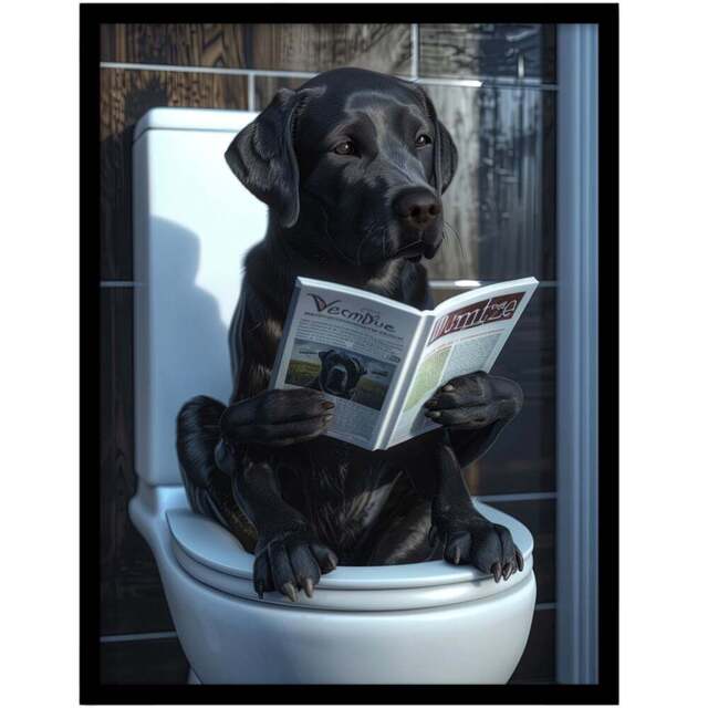 Artery8 Dog Lover Funny Labrador Reading on Toilet Framed Wall Art Print 21 x 29.7cm - Size: 32.3 x 23.4 x 1.5cm - Black - Wilko - image 1