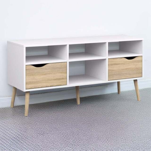 Florence 2 Drawer White and Oak Wide TV Unit - Size: 39.1 x 117.2 x 57.4cm - Furniture to Go - Wilko - image 1