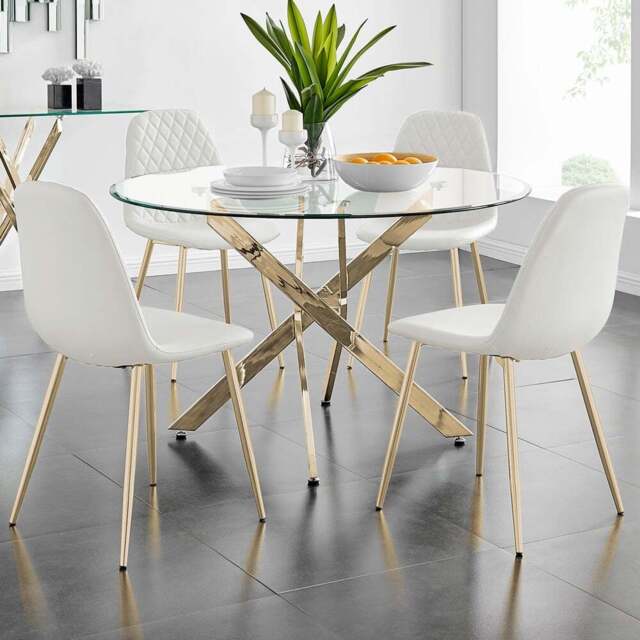 Furniturebox Arona Solara 4 Seater Round Dining Set Gold and White - Wilko - image 1