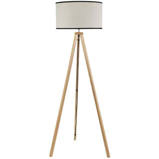 ValueLights Barbro Natural Linen Black Edge Drum Shade Wood Tripod LED Floor Lamp - Cream - Wilko - image 1