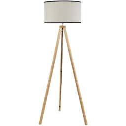 ValueLights Barbro Natural Linen Black Edge Drum Shade Wood Tripod LED Floor Lamp - Cream - Wilko