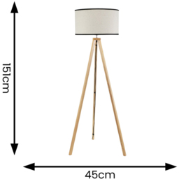 ValueLights Barbro Natural Linen Black Edge Drum Shade Wood Tripod LED Floor Lamp - Cream - Wilko - thumbnail 5
