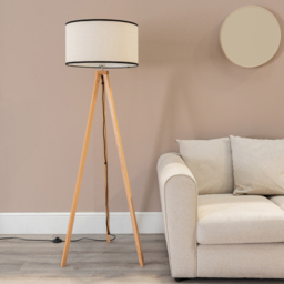 ValueLights Barbro Natural Linen Black Edge Drum Shade Wood Tripod LED Floor Lamp - Cream - Wilko - thumbnail 4