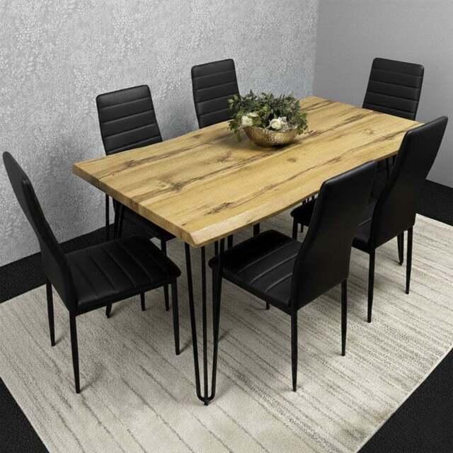 Kosy Koala 6 Seater Faux Leather Wooden Dining Set Black - Brown - Wilko - image 1