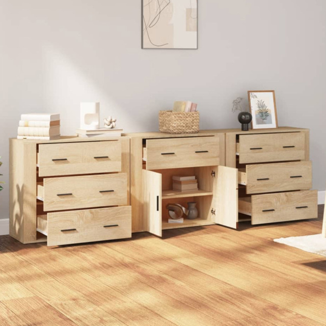vidaXL 2 Door 7 Drawer Sonoma Oak Sideboard 3 Piece - Size: 70 x 240 x 33cm - Brown - Wilko - image 1