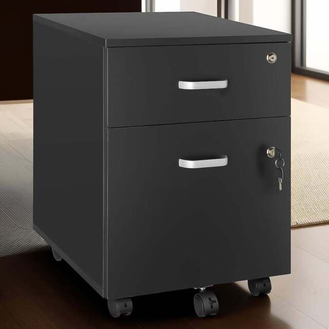tectake 2 Drawer Black Filing Cabinet with Wheels - Size: 54.5 x 40 x 46cm - Wilko - image 1