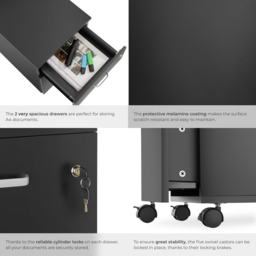 tectake 2 Drawer Black Filing Cabinet with Wheels - Size: 54.5 x 40 x 46cm - Wilko - thumbnail 6
