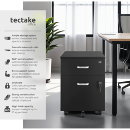 tectake 2 Drawer Black Filing Cabinet with Wheels - Size: 54.5 x 40 x 46cm - Wilko - thumbnail 7