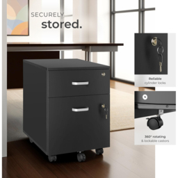 tectake 2 Drawer Black Filing Cabinet with Wheels - Size: 54.5 x 40 x 46cm - Wilko - thumbnail 5