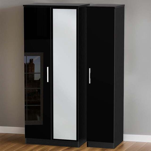 Crowndale Knightsbridge 3 Door Black Gloss and Black Mirror Wardrobe Ready Assembled - Black Gloss & Black - Wilko - image 1