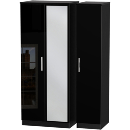 Crowndale Knightsbridge 3 Door Black Gloss and Black Mirror Wardrobe Ready Assembled - Black Gloss & Black - Wilko - thumbnail 3