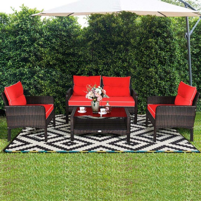 Costway 4 Seater Red PE Rattan Patio Conversation Set - Wilko - image 1
