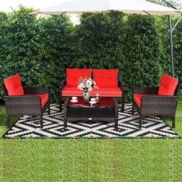 Costway 4 Seater Red PE Rattan Patio Conversation Set - Wilko