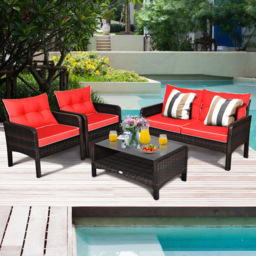 Costway 4 Seater Red PE Rattan Patio Conversation Set - Wilko - thumbnail 5