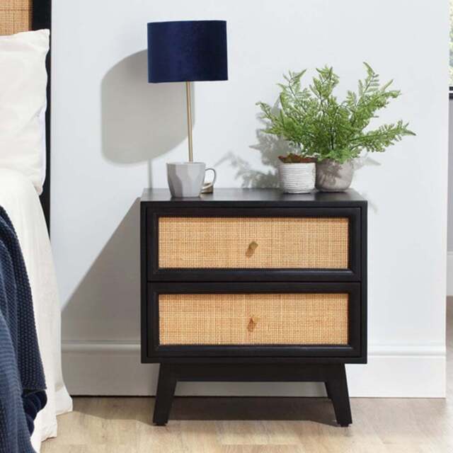 Desser Venice 2 Drawer Black Rattan and Mango Wood Bedside Table - Wilko - image 1