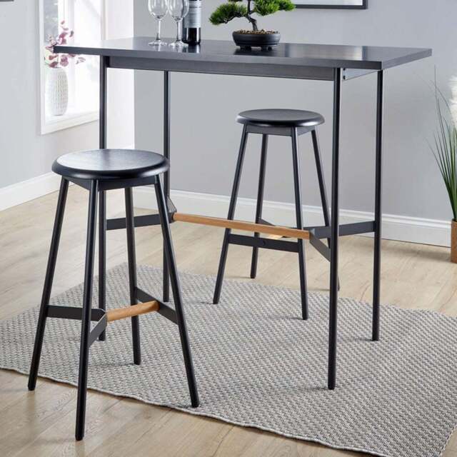 Home Source 2 Seater Black and Solid Oak Bar Table with Stools - Brown - Wilko - image 1