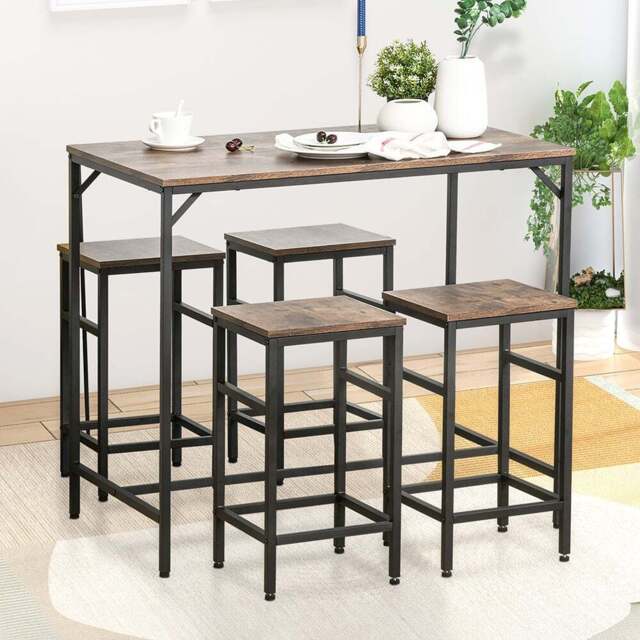 Portland 4 Seater Wood Effect Rectangular Bar Table with Stools - Brown - Wilko - image 1