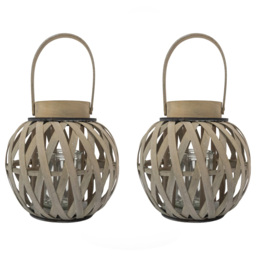 JVL Luna Antique Wash Natural Wood Round Lantern with Handle 2 Pack - Size: 24.5 x 24 x 24cm - Wilko - thumbnail 1