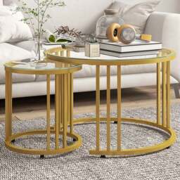 HOMCOM Gold Tone and Tempered Glass Top Nest of Tables Set of 2 - Size: 47 x 60 x 60cm - Orange - Wilko - thumbnail 1