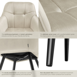 tectake Marilyn Set of 6 Cream and Black Velvet Quilted Dining Chair with Armrest - Wilko - thumbnail 6